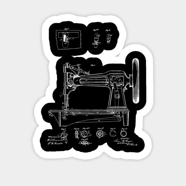 Sewing Machine Vintage Patent Hand Drawing Sticker by TheYoungDesigns